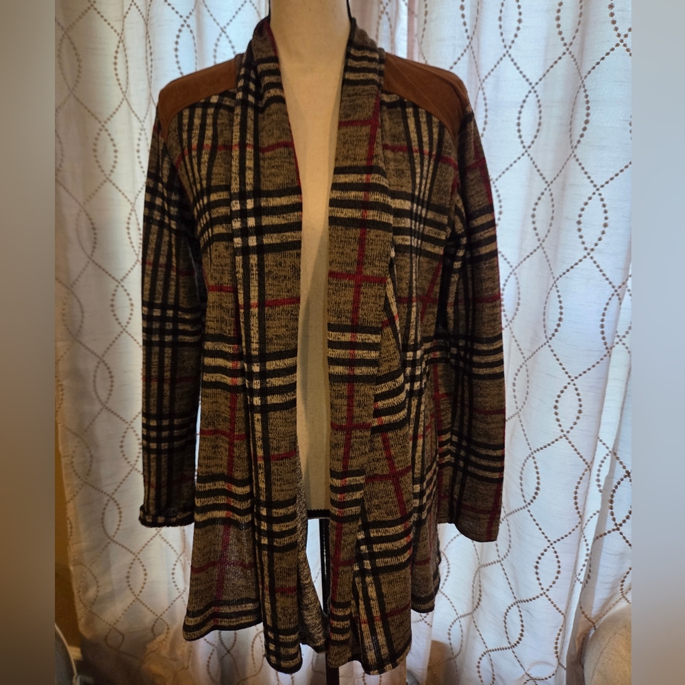 Boutique Khaki, Black And Red Plaid Open Front Women Cardigan Large